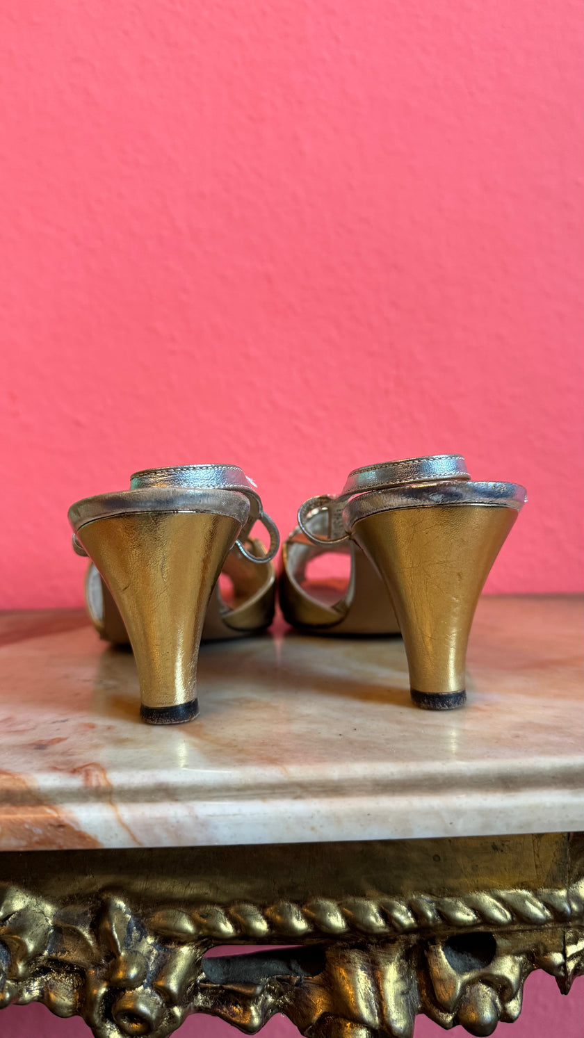 Vintage 1960s Gold Metallic Peep-Toe Heels By Salvatore Ferragamo