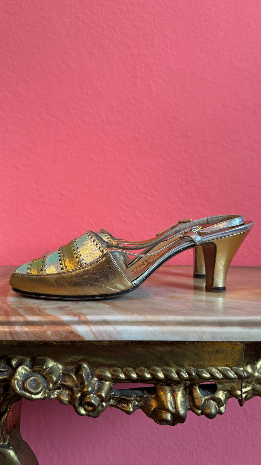 Vintage 1960s Gold Metallic Peep-Toe Heels By Salvatore Ferragamo