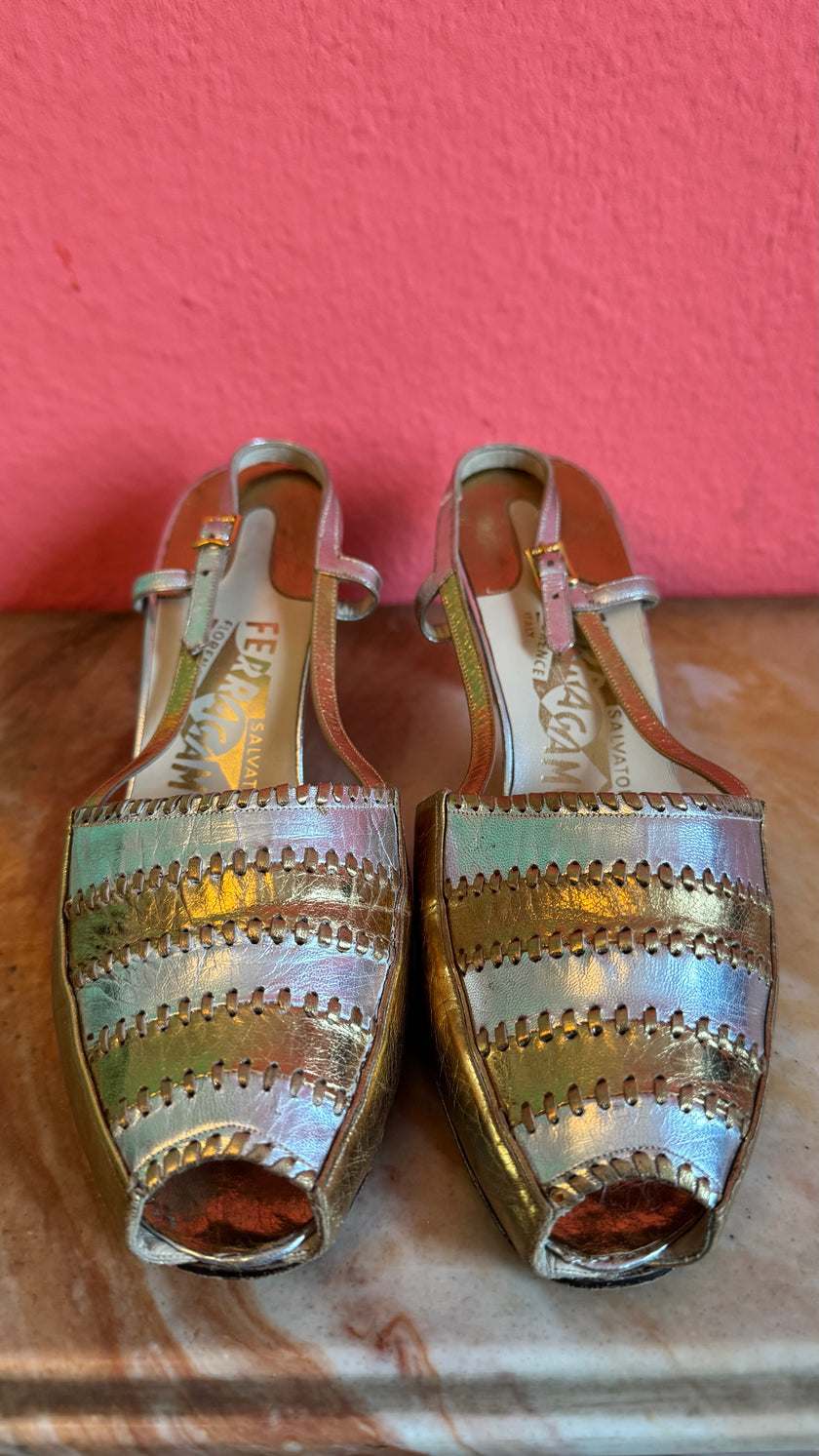 Vintage 1960s Gold Metallic Peep-Toe Heels By Salvatore Ferragamo