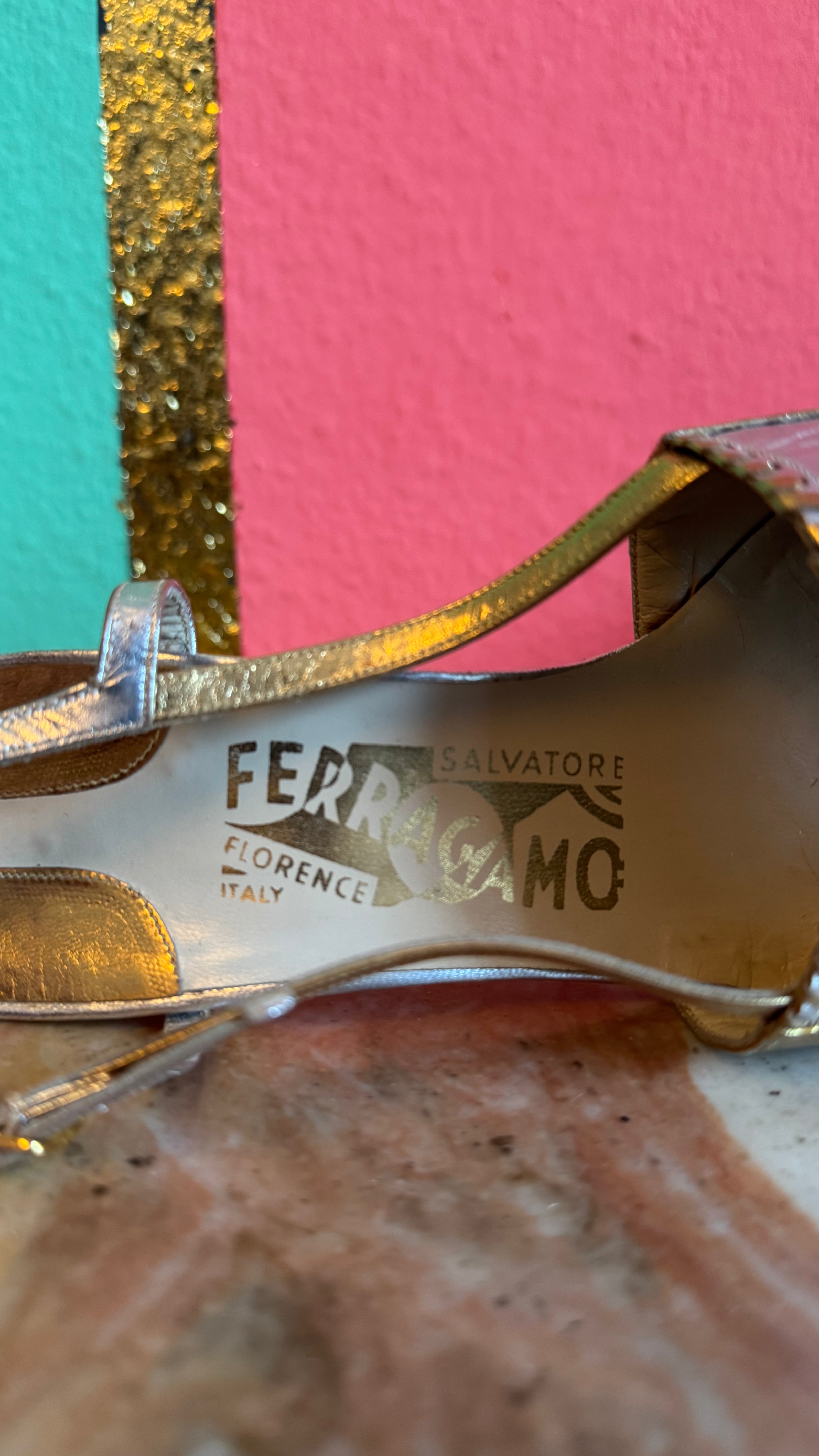 Vintage 1960s Gold Metallic Peep-Toe Heels By Salvatore Ferragamo
