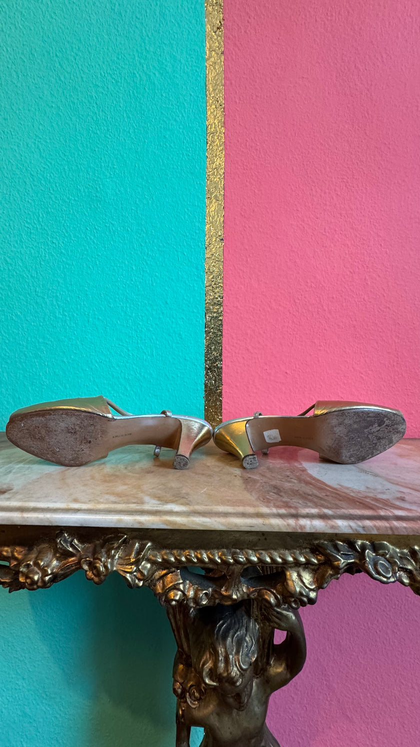 Vintage 1960s Gold Metallic Peep-Toe Heels By Salvatore Ferragamo