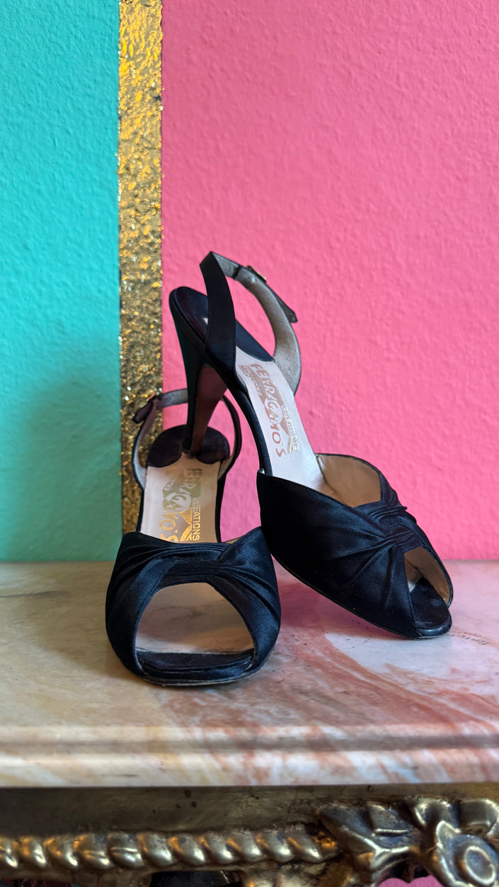 1950s Black Satin Peep-Toe Slingback Heels by Ferragamo's Creations Ferragamo’s
