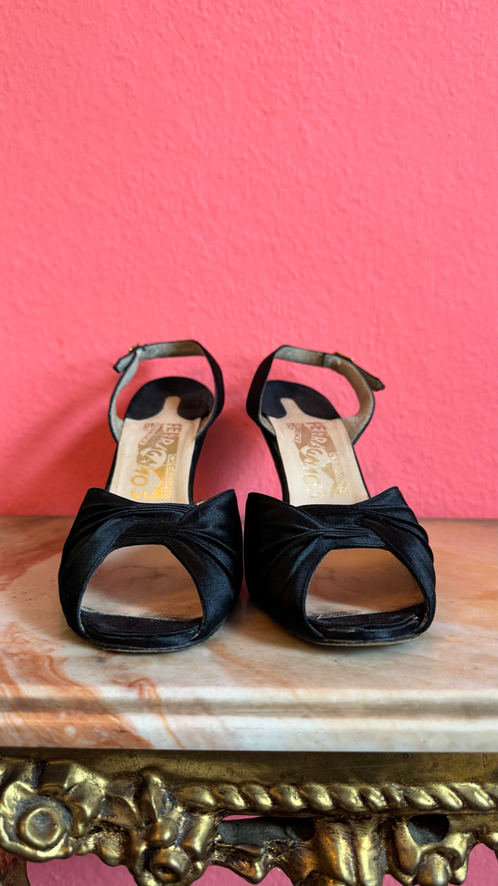 1950s Black Satin Peep-Toe Slingback Heels by Ferragamo's Creations Ferragamo’s