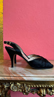 1980s Black Satin Peep-Toe Slingback Heels by Ferragamo's Creations Ferragamo’s