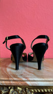 1980s Black Satin Peep-Toe Slingback Heels by Ferragamo's Creations Ferragamo’s
