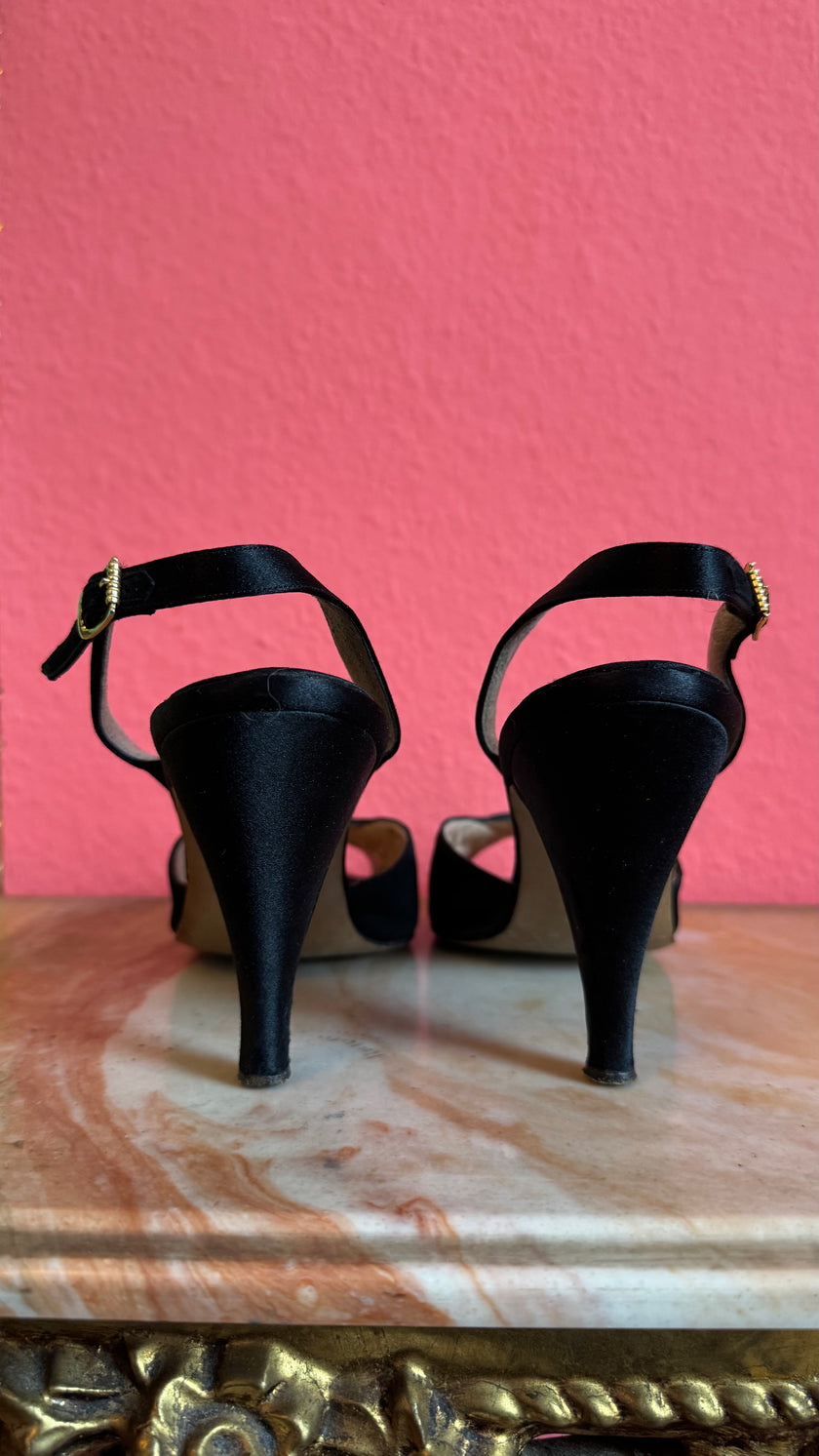 1980s Black Satin Peep-Toe Slingback Heels by Ferragamo's Creations Ferragamo’s