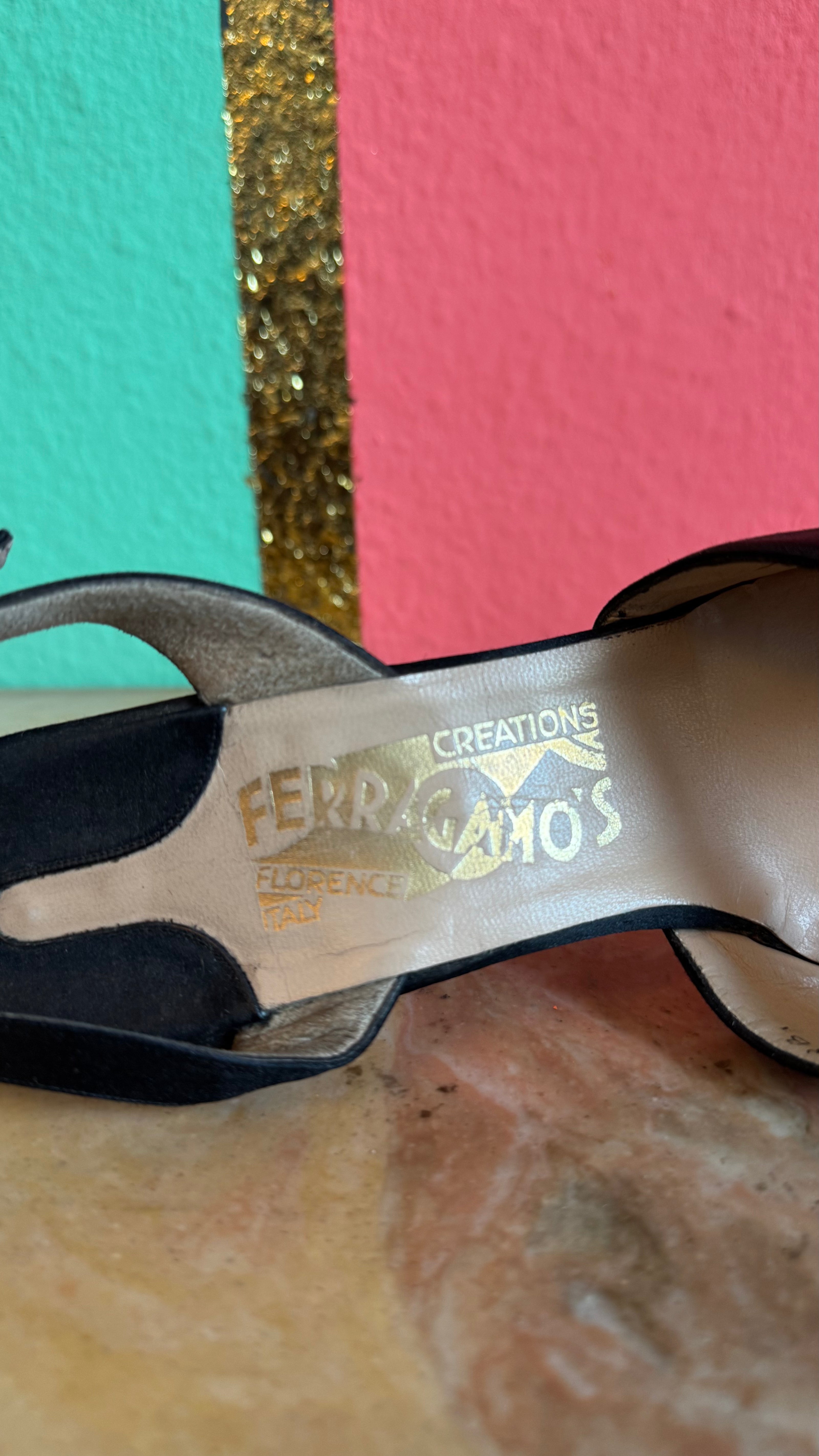 1980s Black Satin Peep-Toe Slingback Heels by Ferragamo's Creations Ferragamo’s
