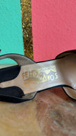 1980s Black Satin Peep-Toe Slingback Heels by Ferragamo's Creations Ferragamo’s