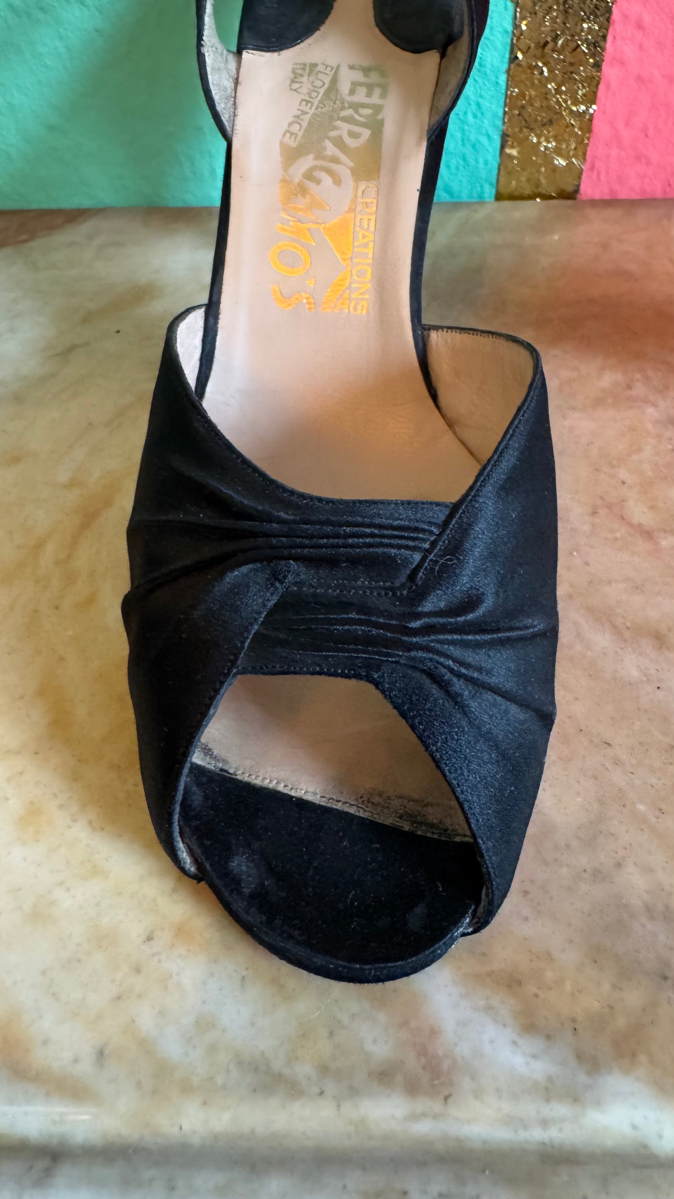 1980s Black Satin Peep-Toe Slingback Heels by Ferragamo's Creations Ferragamo’s