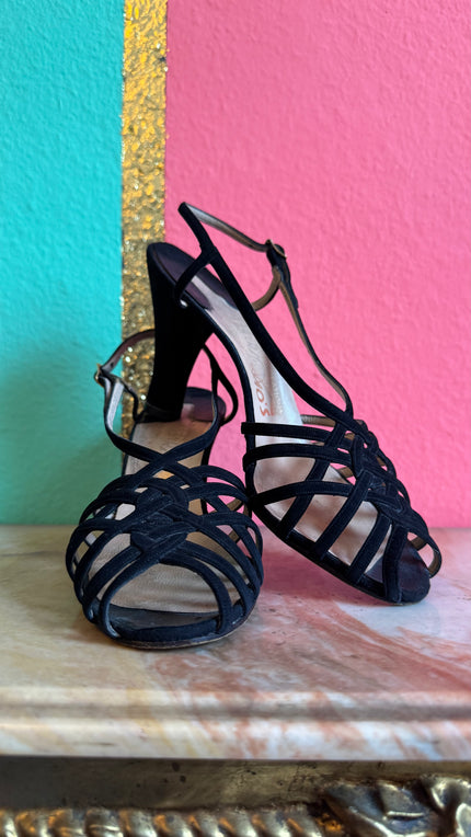 1950s | Model Vela | Black Strappy Suede Sandal Heels By Ferragamo’s Créations
