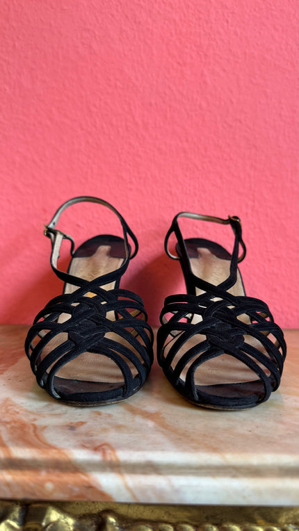 1950s | Model Vela | Black Strappy Suede Sandal Heels By Ferragamo’s Créations