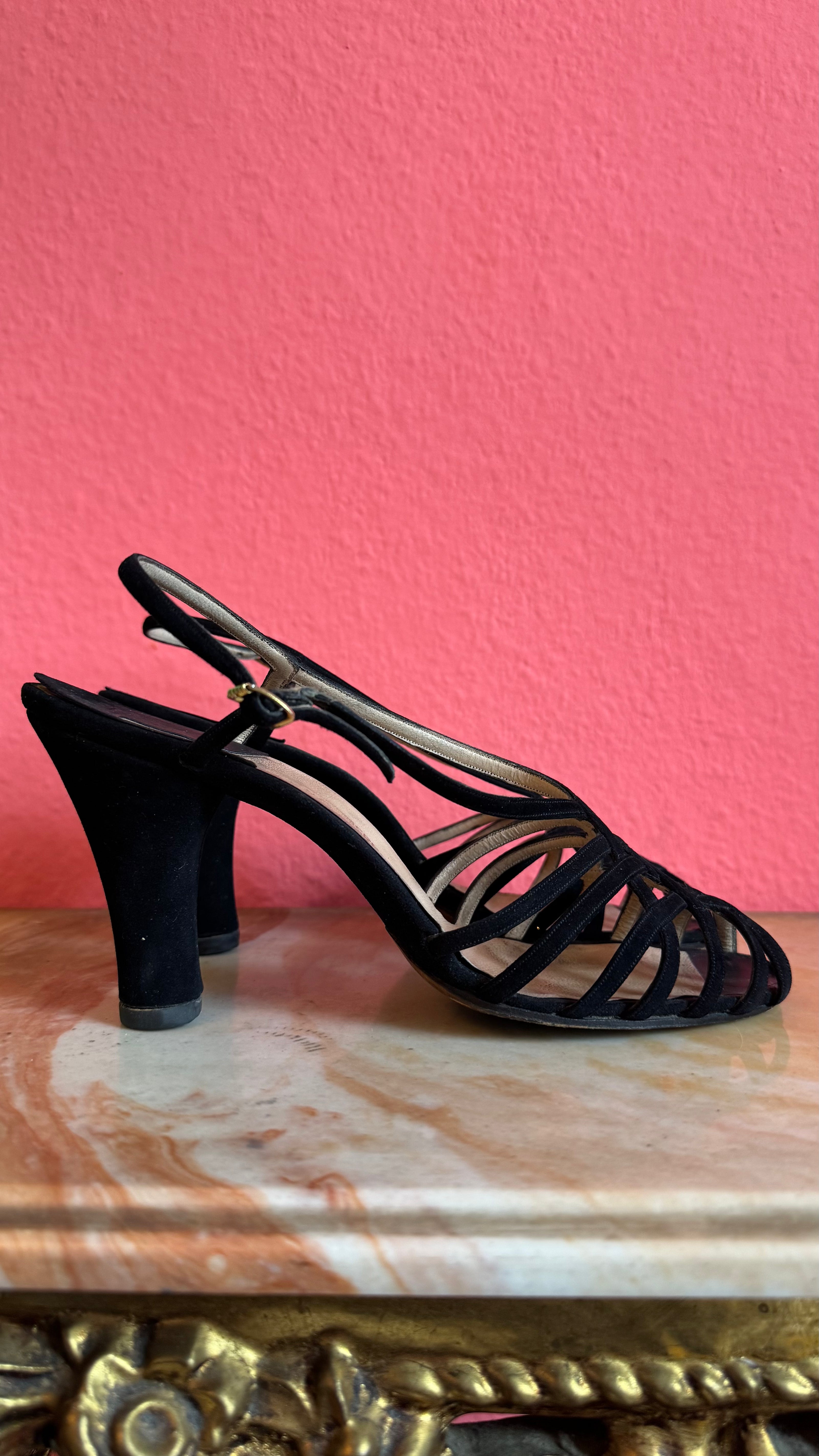 1980s Black Strappy Suede Sandal Heels By Ferragamo’s Créations