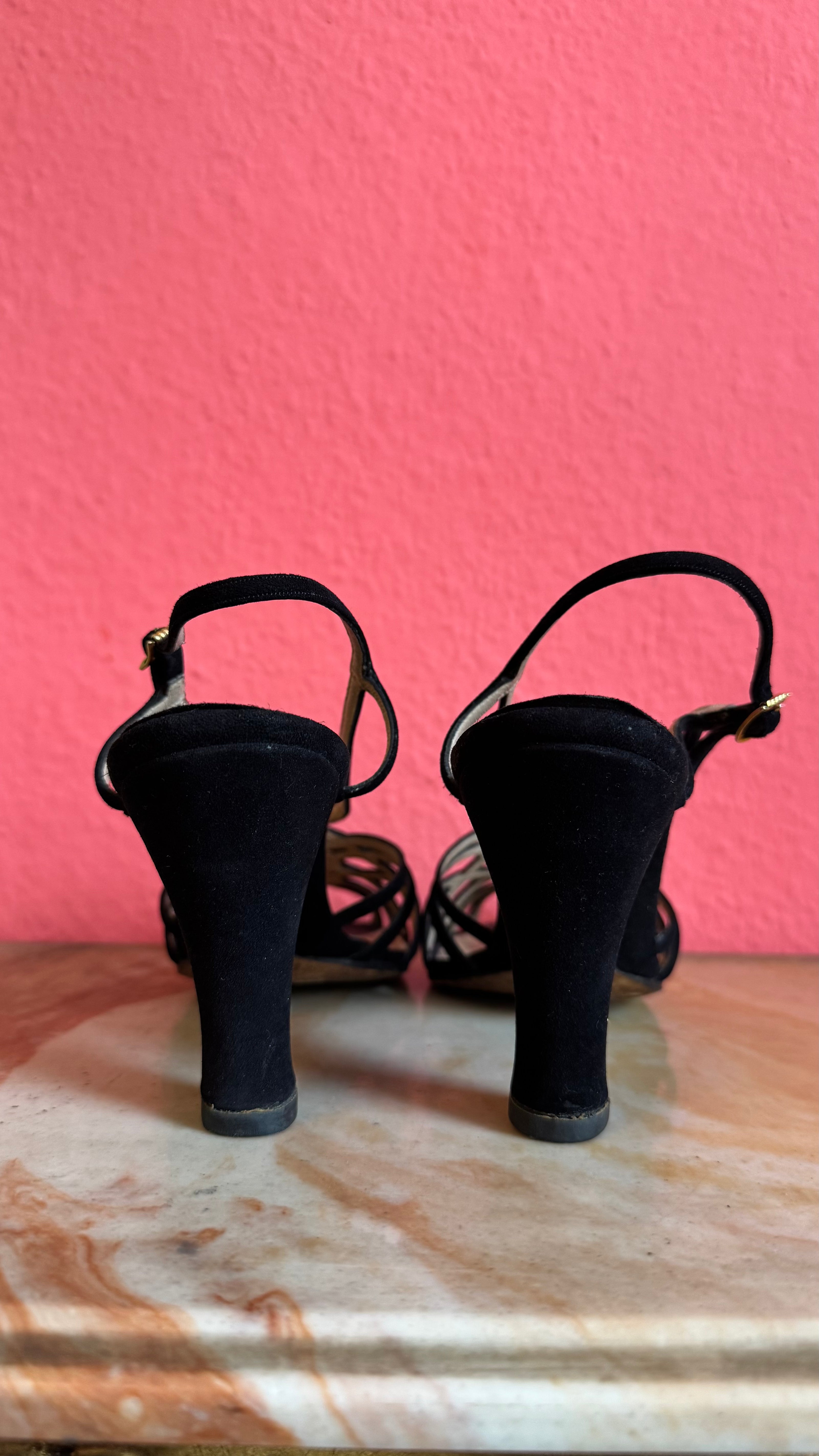 1980s Black Strappy Suede Sandal Heels By Ferragamo’s Créations
