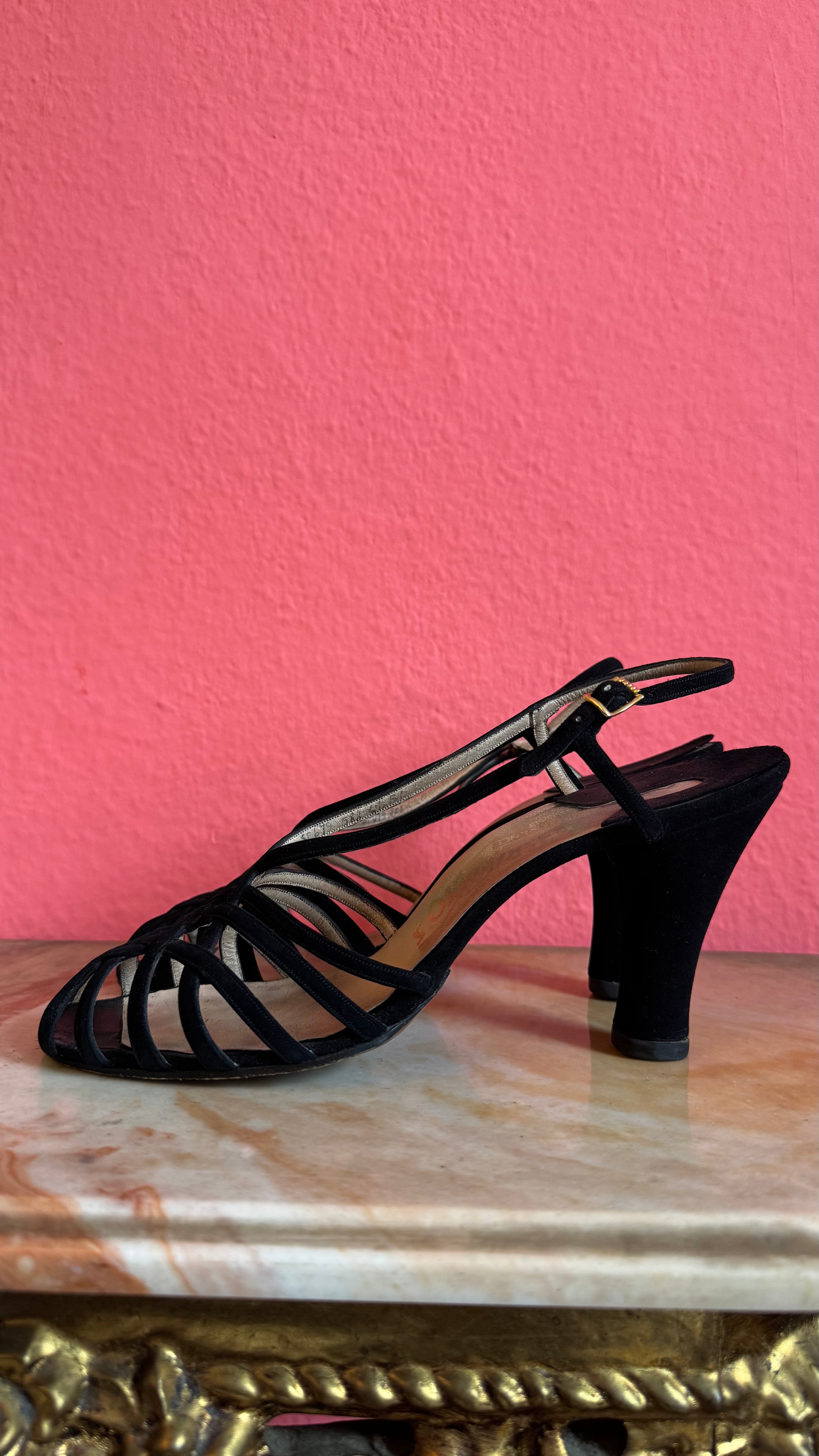 1980s Black Strappy Suede Sandal Heels By Ferragamo’s Créations