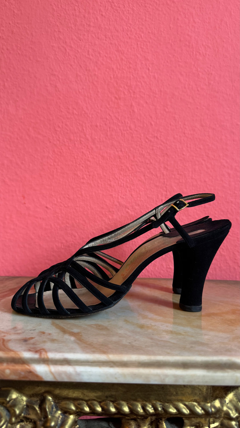 1980s Black Strappy Suede Sandal Heels By Ferragamo’s Créations