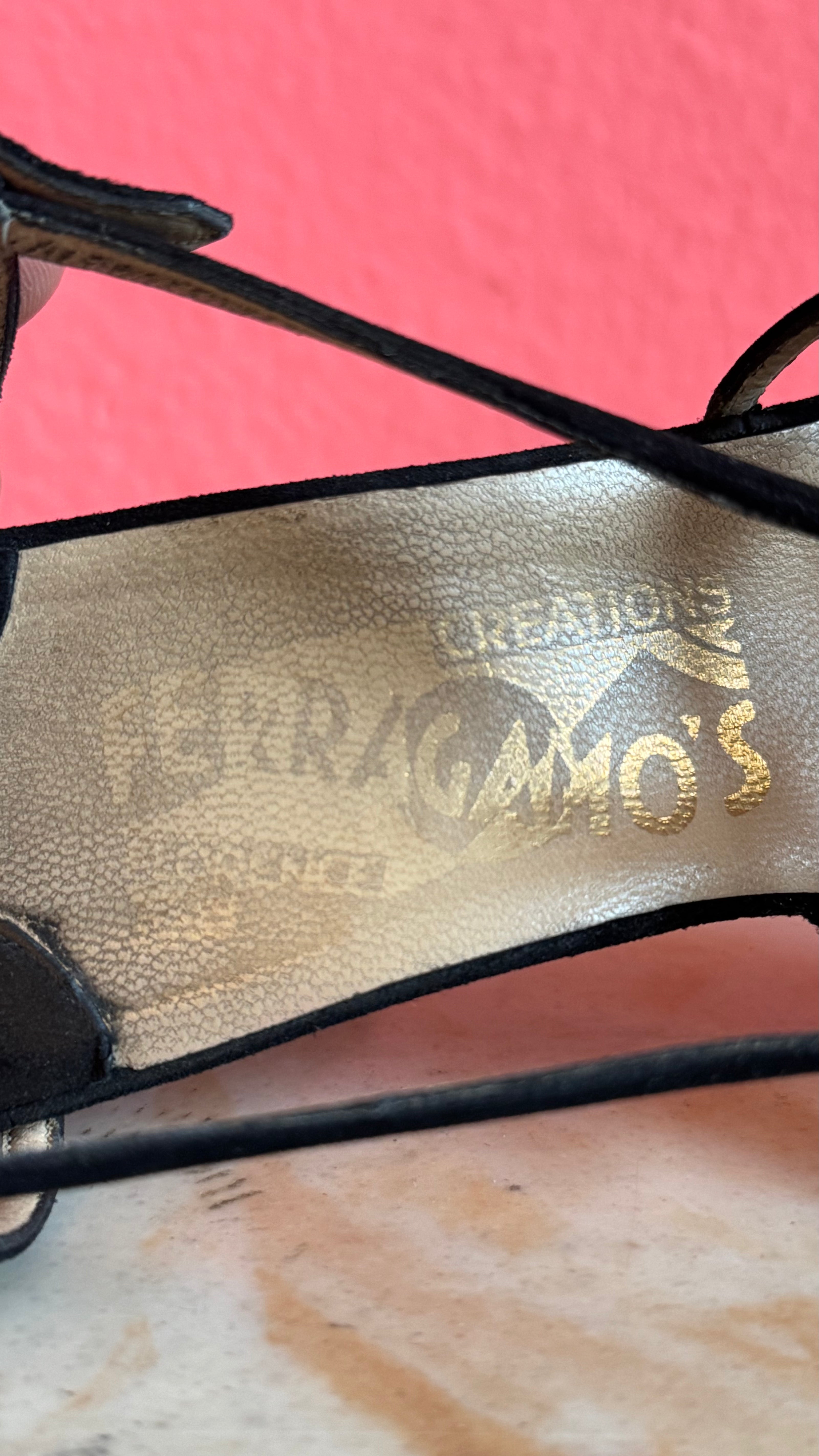 1980s Black Strappy Suede Sandal Heels By Ferragamo’s Créations
