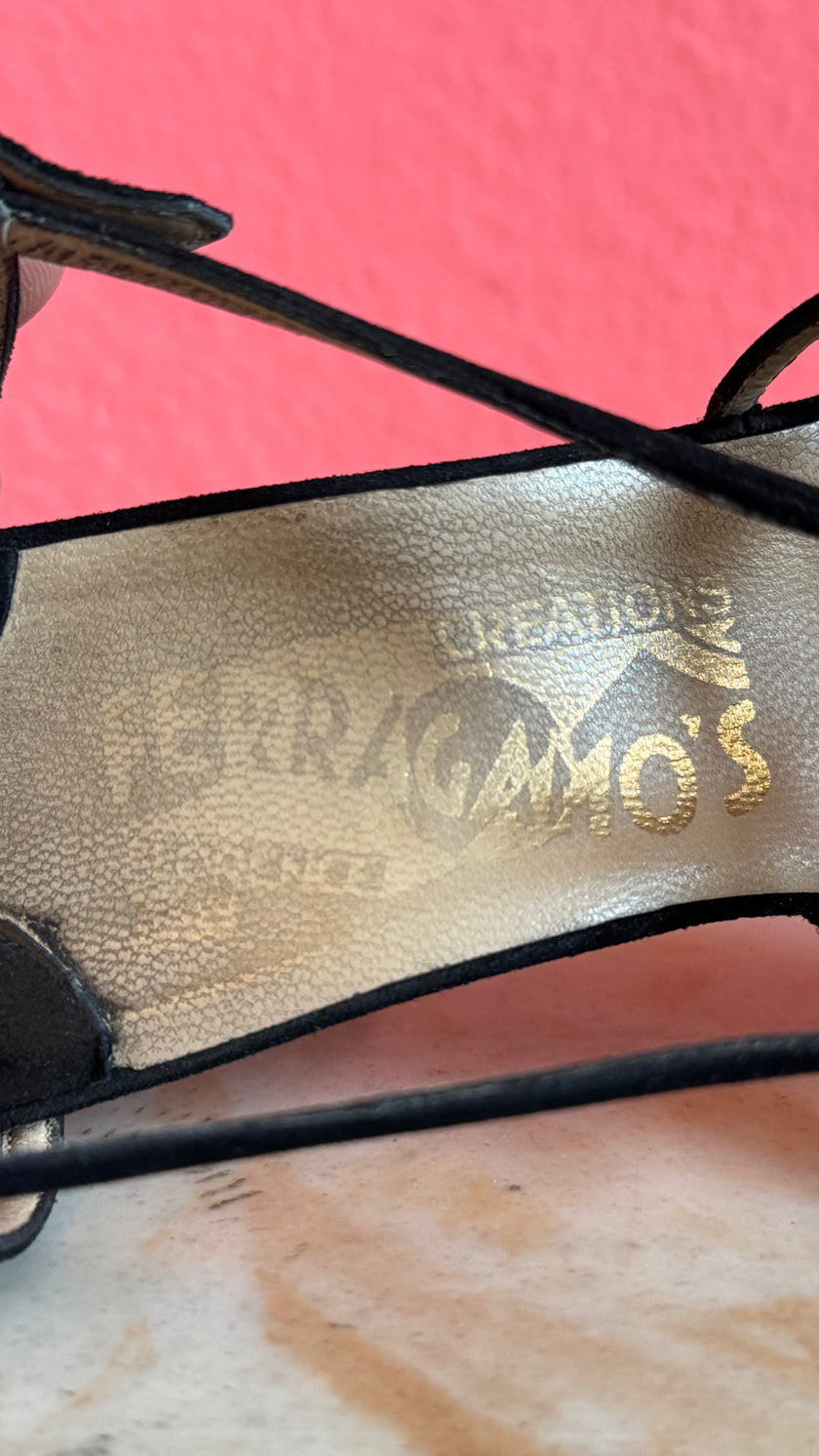 1980s Black Strappy Suede Sandal Heels By Ferragamo’s Créations