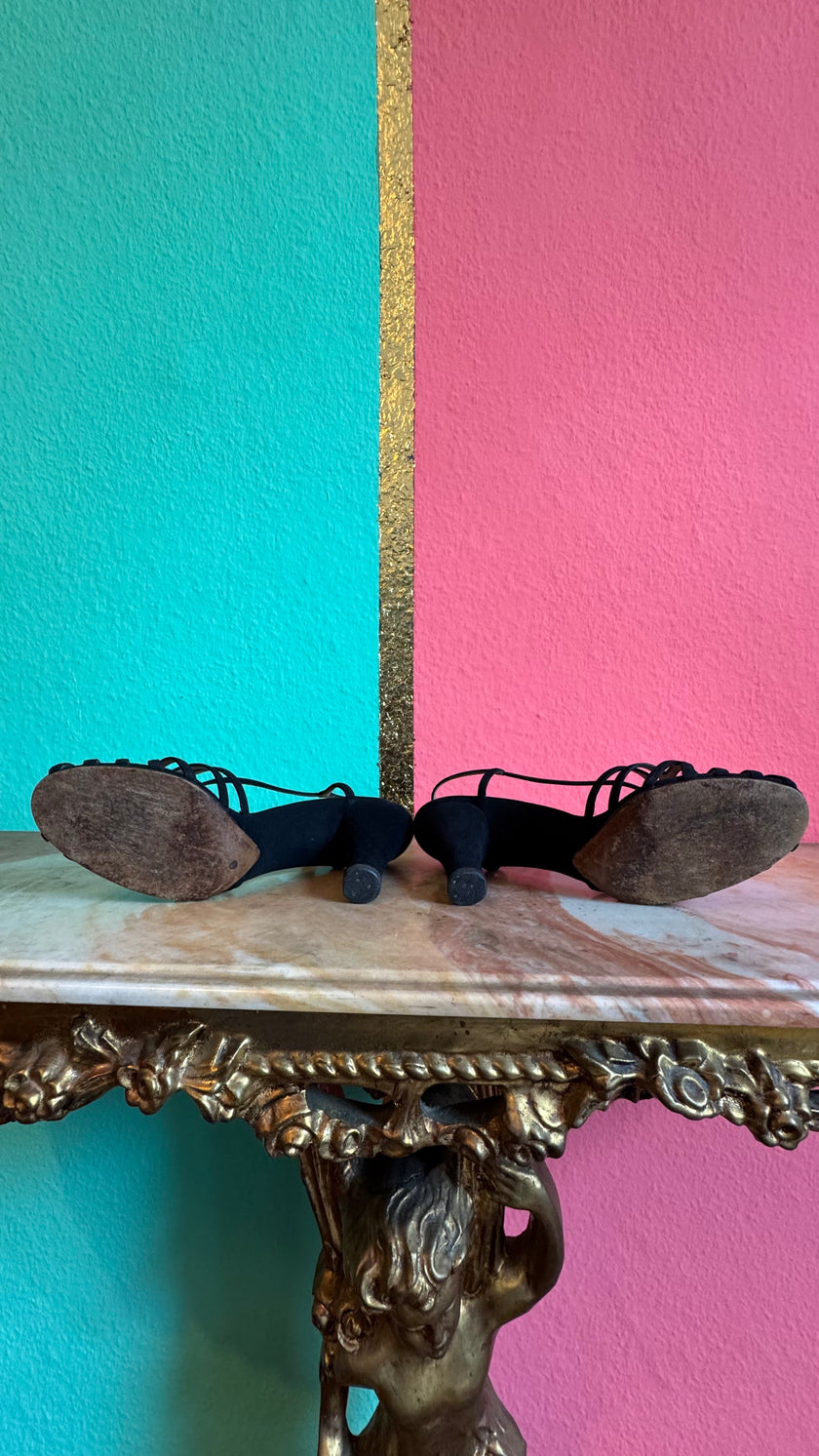 1980s Black Strappy Suede Sandal Heels By Ferragamo’s Créations