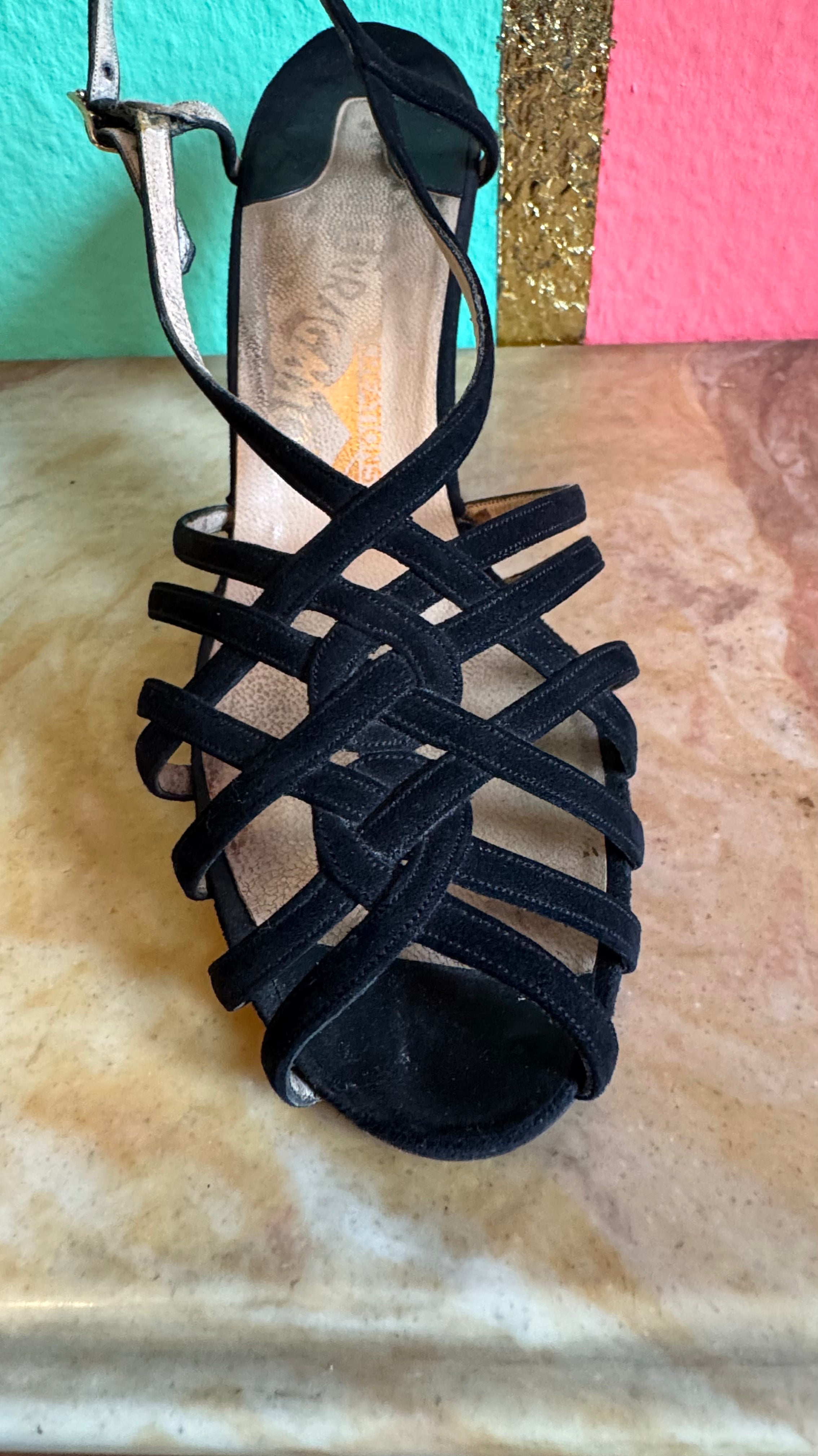 1980s Black Strappy Suede Sandal Heels By Ferragamo’s Créations