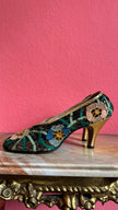 1930s Salvatore Ferragamo's Creations Floral Lace Evening Pumps For Lord & Taylor