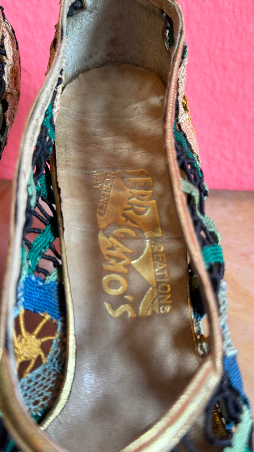 1930s Salvatore Ferragamo's Creations Floral Lace Evening Pumps For Lord & Taylor