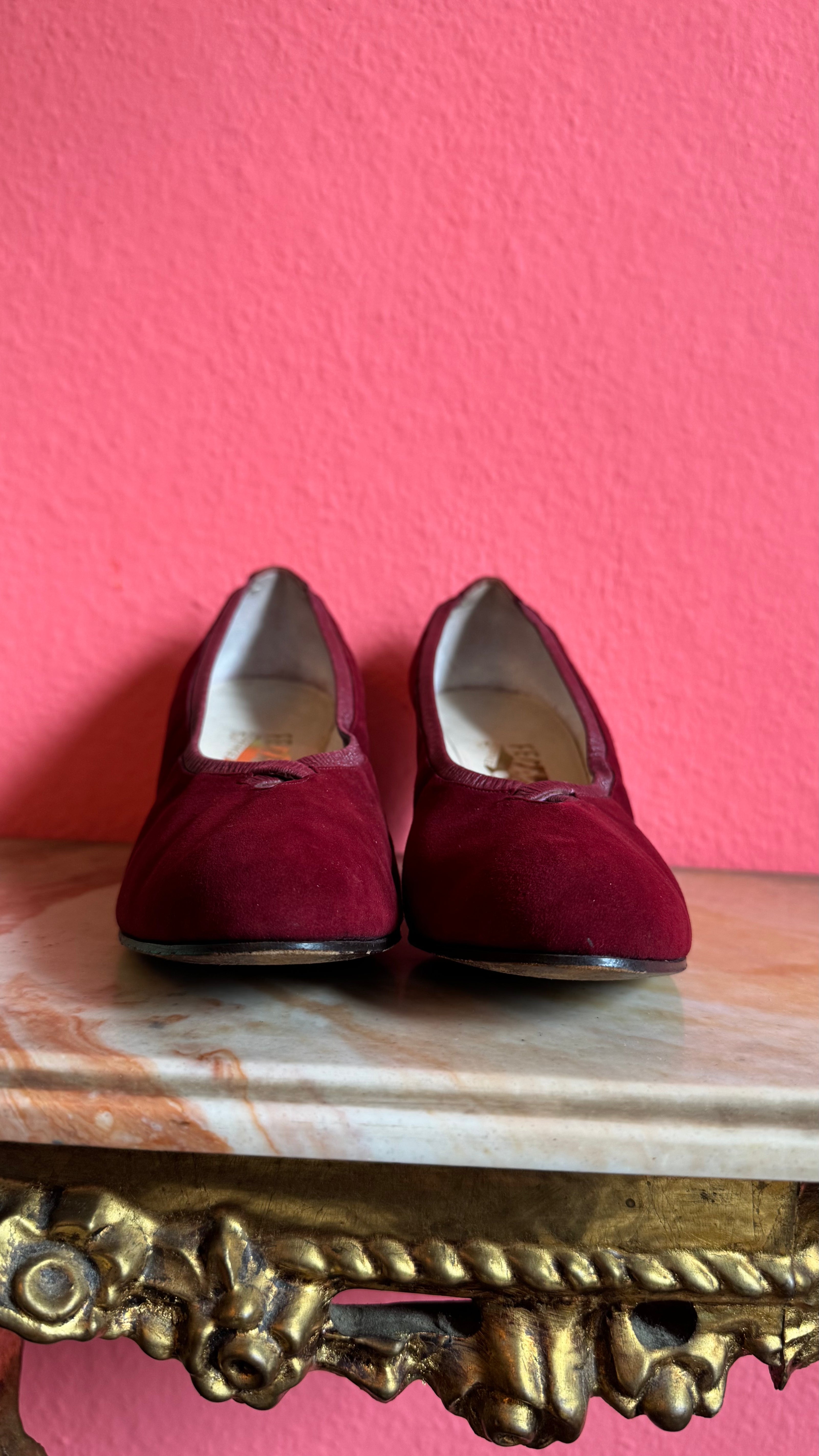 1960s | Model Oggi | Burgundy Suede Pumps By Salvatore Ferragamo