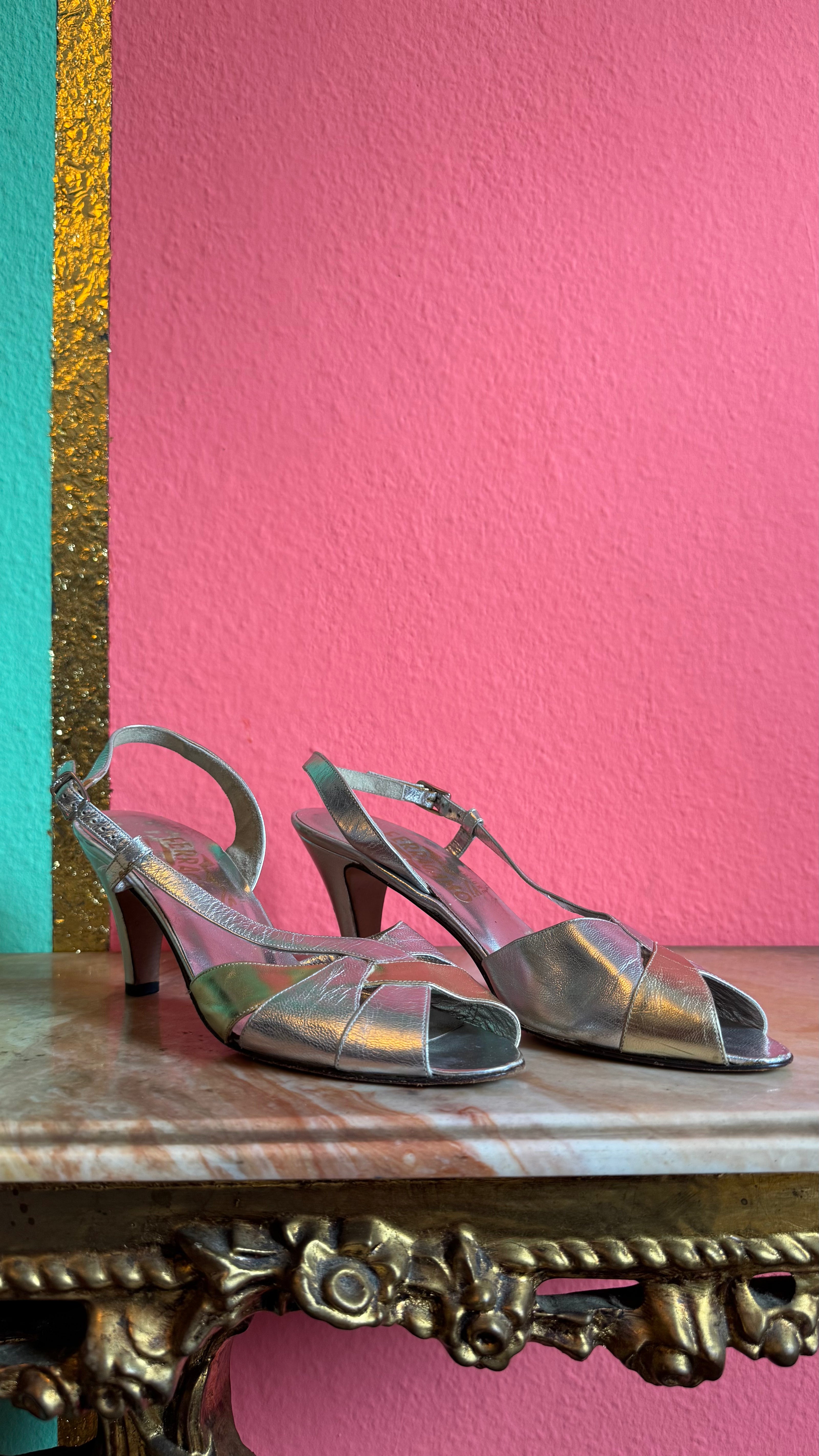 1960s Silver Metallic Slingback Sandal Heels By Salvatore Ferragamo