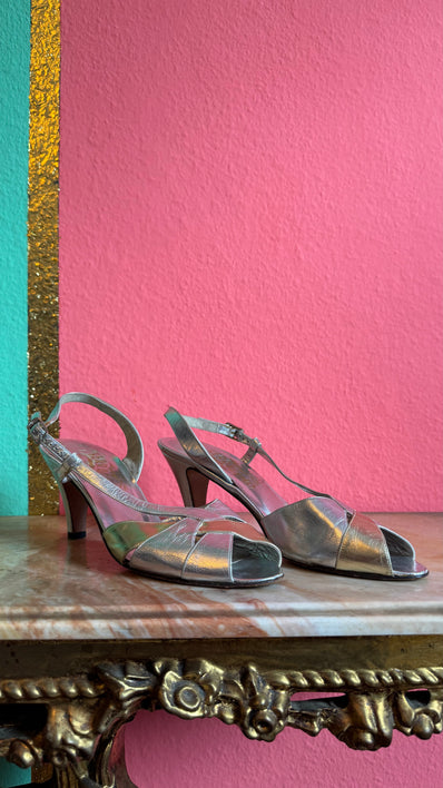1960s Silver Metallic Slingback Sandal Heels By Salvatore Ferragamo