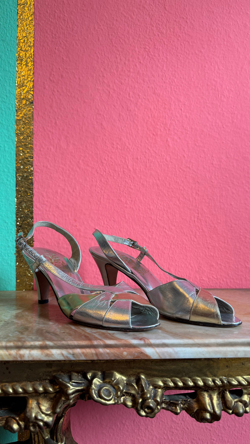 1960s Silver Metallic Slingback Sandal Heels By Salvatore Ferragamo