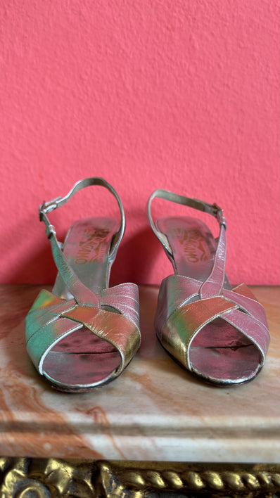 1960s Silver Metallic Slingback Sandal Heels By Salvatore Ferragamo