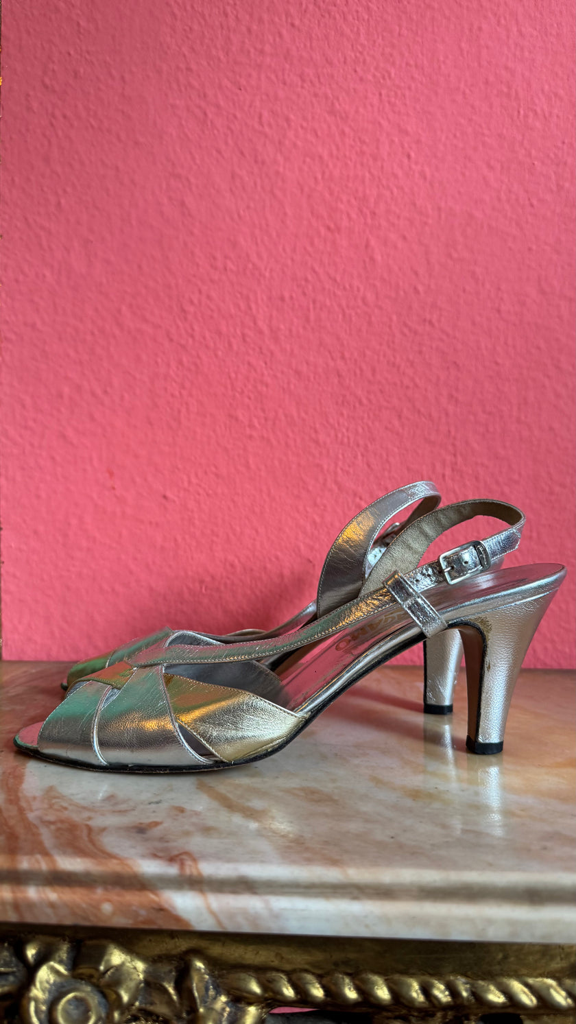 1960s Silver Metallic Slingback Sandal Heels By Salvatore Ferragamo