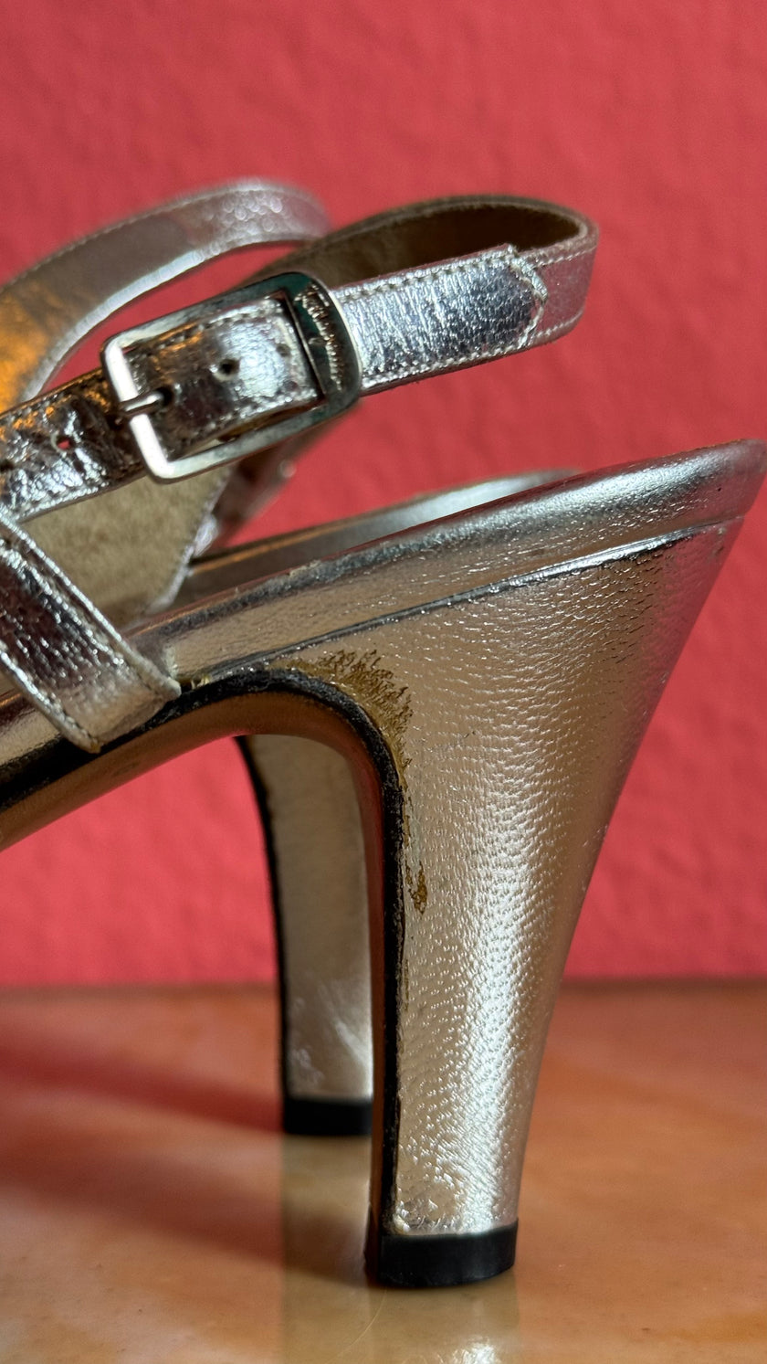 1960s Silver Metallic Slingback Sandal Heels By Salvatore Ferragamo