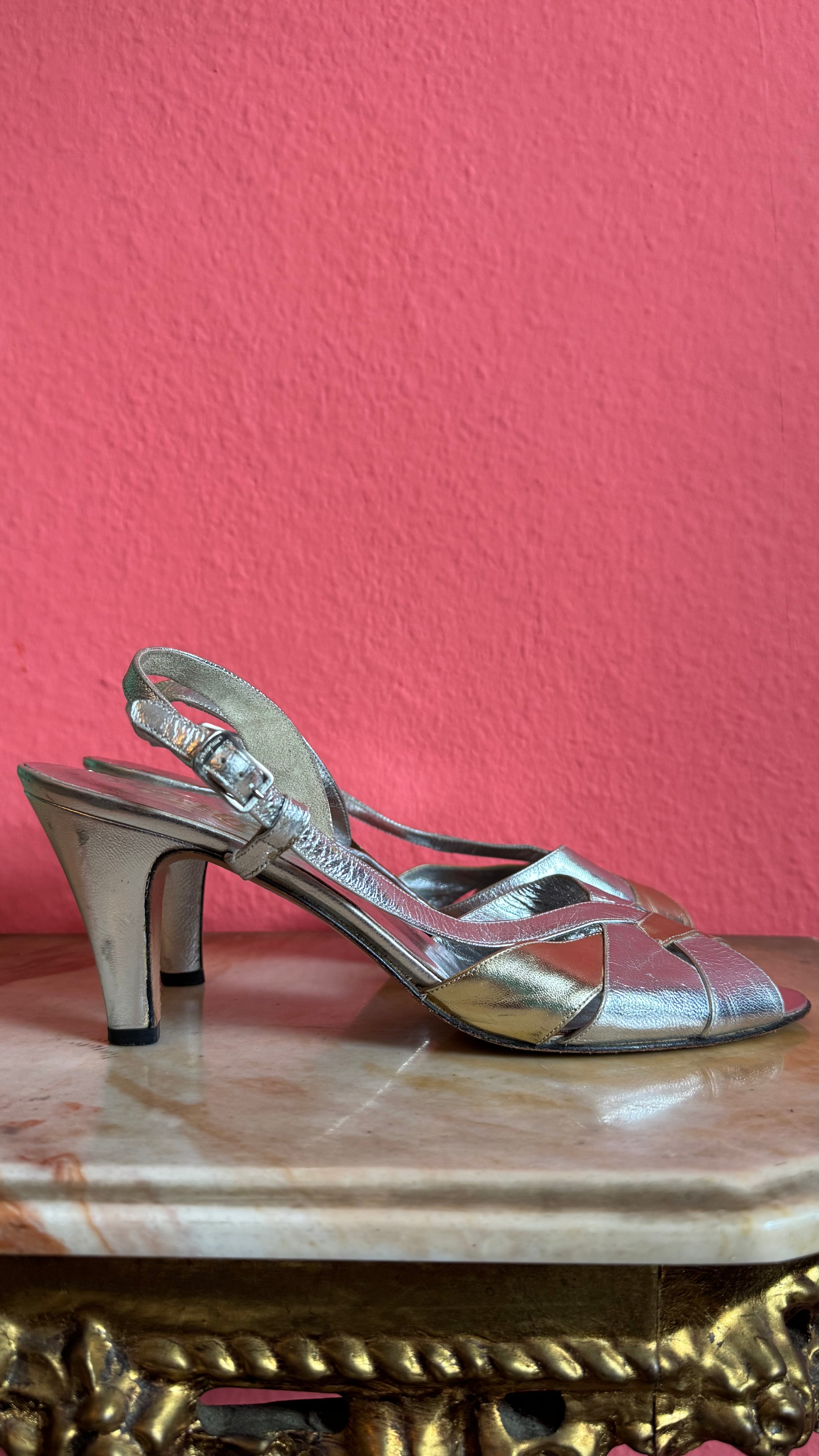 1960s Silver Metallic Slingback Sandal Heels By Salvatore Ferragamo