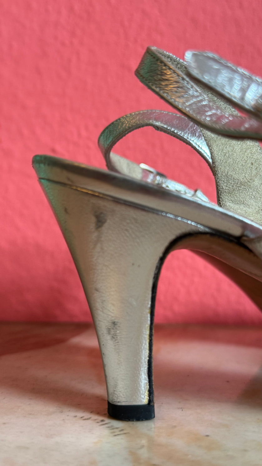 1960s Silver Metallic Slingback Sandal Heels By Salvatore Ferragamo