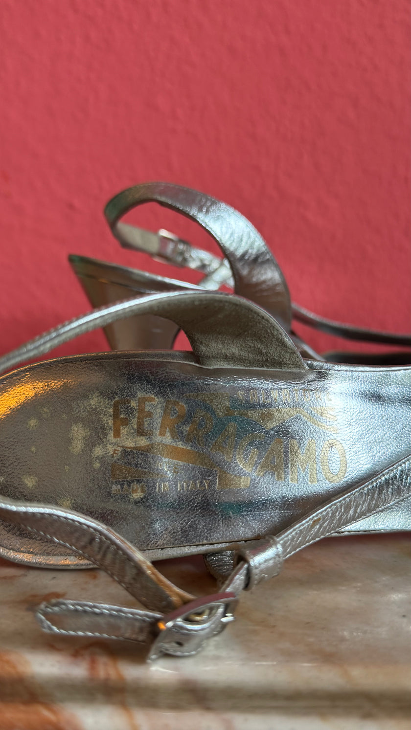 1960s Silver Metallic Slingback Sandal Heels By Salvatore Ferragamo