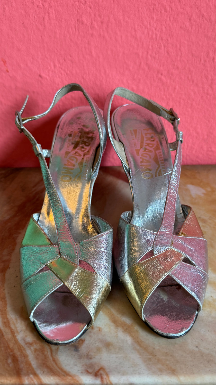 1960s Silver Metallic Slingback Sandal Heels By Salvatore Ferragamo