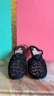 1930s Black Crochet Lace Slingback Heels By Ferragamo’s Creations x Marshall & Snelgrove