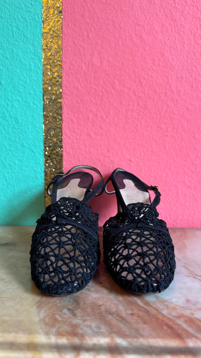 1950s Black Crochet Lace Slingback Heels By Ferragamo’s Creations x Marshall & Snelgrove