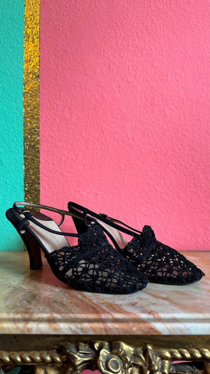 1950s Black Crochet Lace Slingback Heels By Ferragamo’s Creations x Marshall & Snelgrove