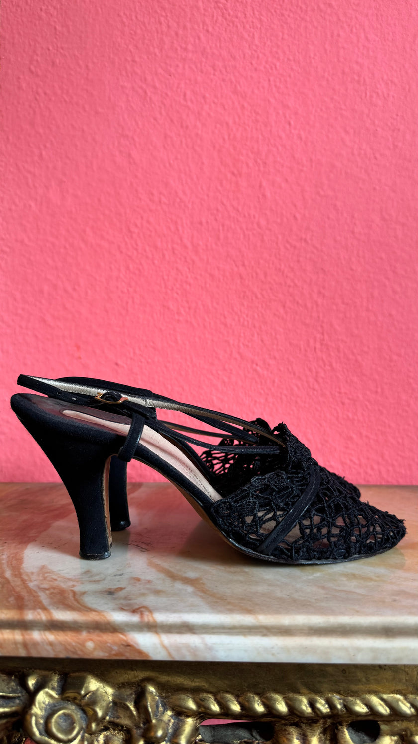 1930s Black Crochet Lace Slingback Heels By Ferragamo’s Creations x Marshall & Snelgrove