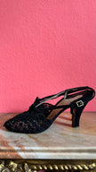 1930s Black Crochet Lace Slingback Heels By Ferragamo’s Creations x Marshall & Snelgrove