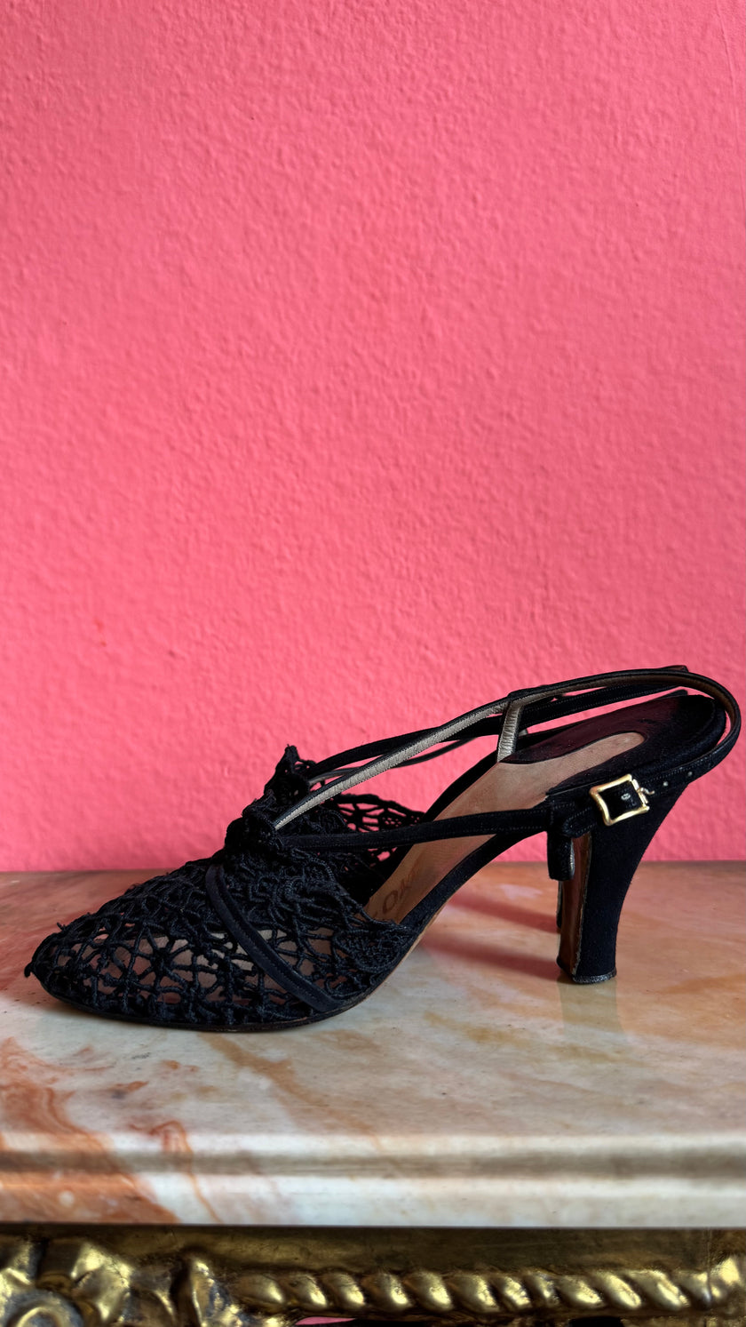 1930s Black Crochet Lace Slingback Heels By Ferragamo’s Creations x Marshall & Snelgrove