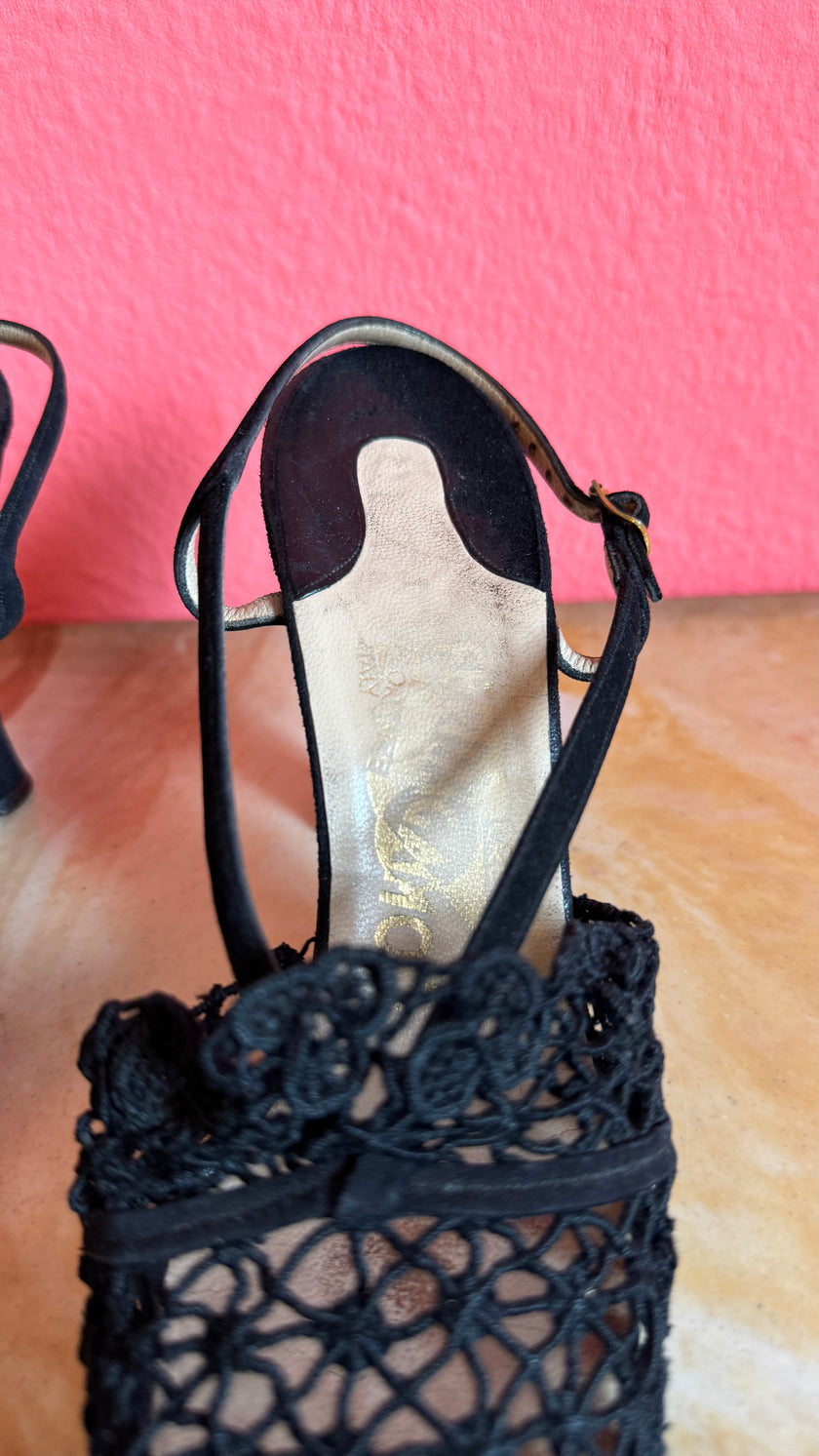 1930s Black Crochet Lace Slingback Heels By Ferragamo’s Creations x Marshall & Snelgrove