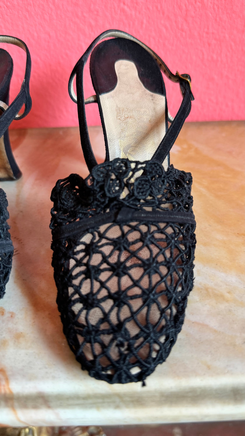 1930s Black Crochet Lace Slingback Heels By Ferragamo’s Creations x Marshall & Snelgrove