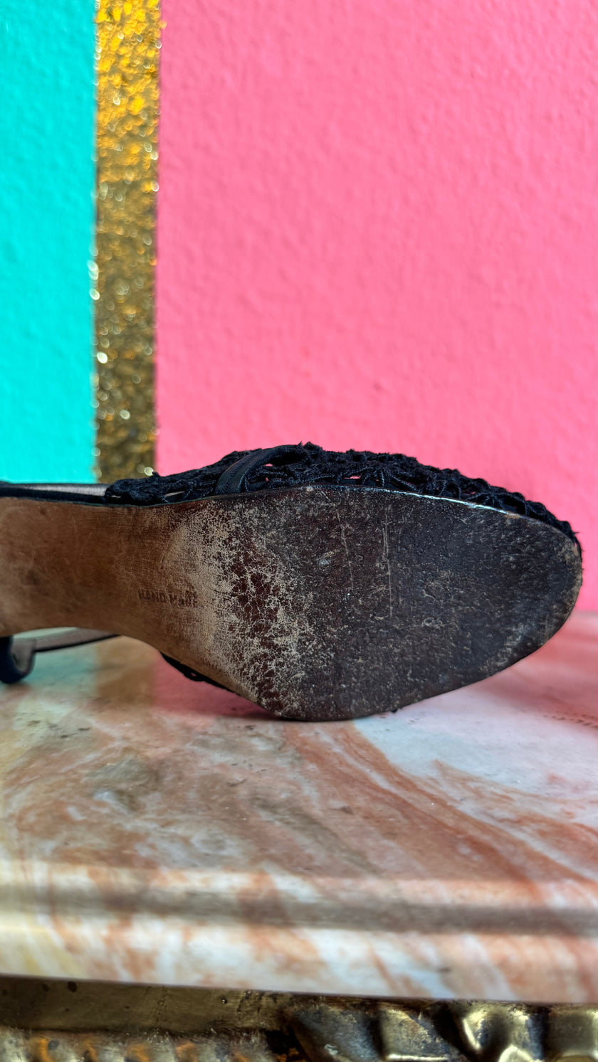1930s Black Crochet Lace Slingback Heels By Ferragamo’s Creations x Marshall & Snelgrove