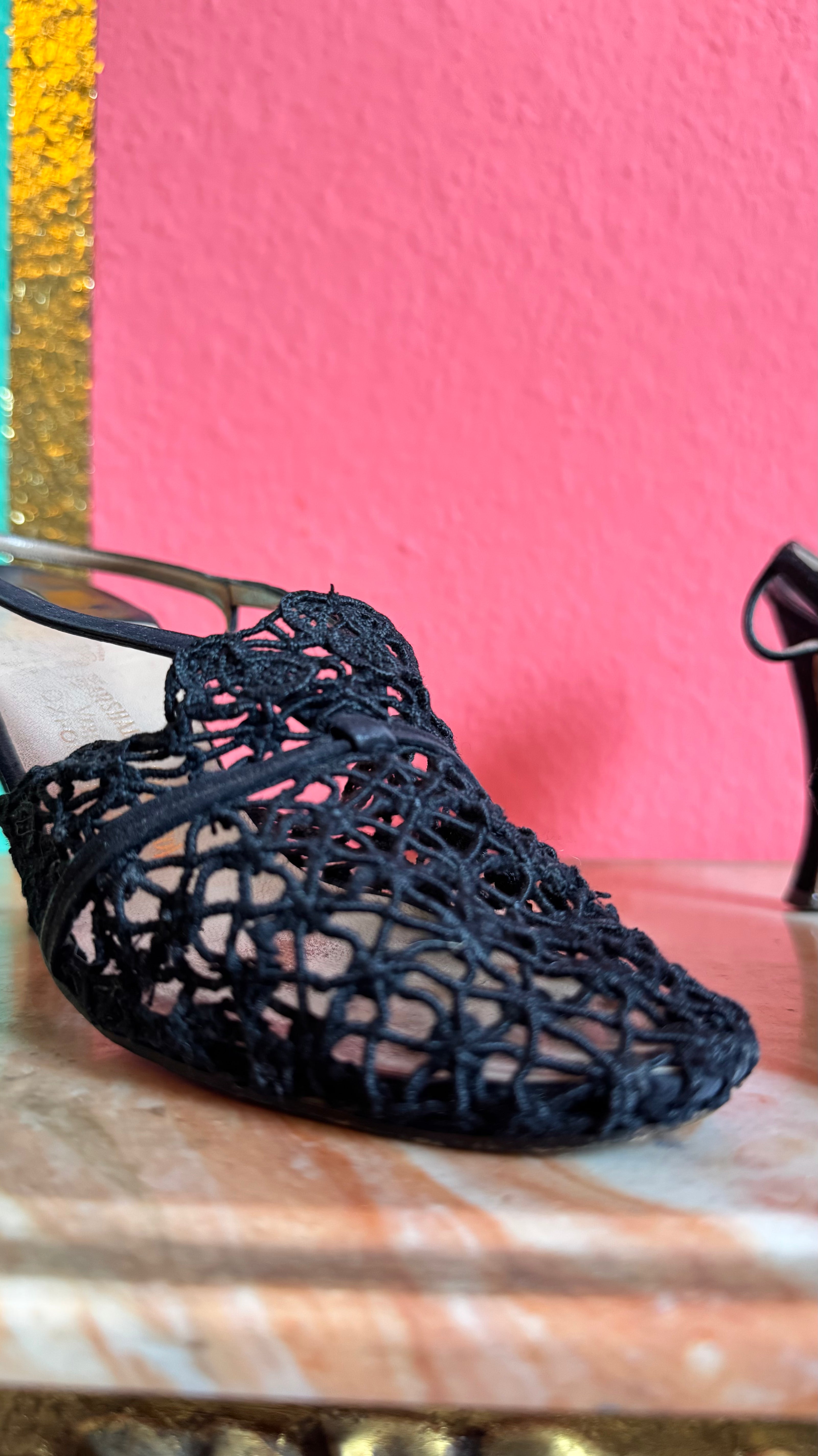 1930s Black Crochet Lace Slingback Heels By Ferragamo’s Creations x Marshall & Snelgrove