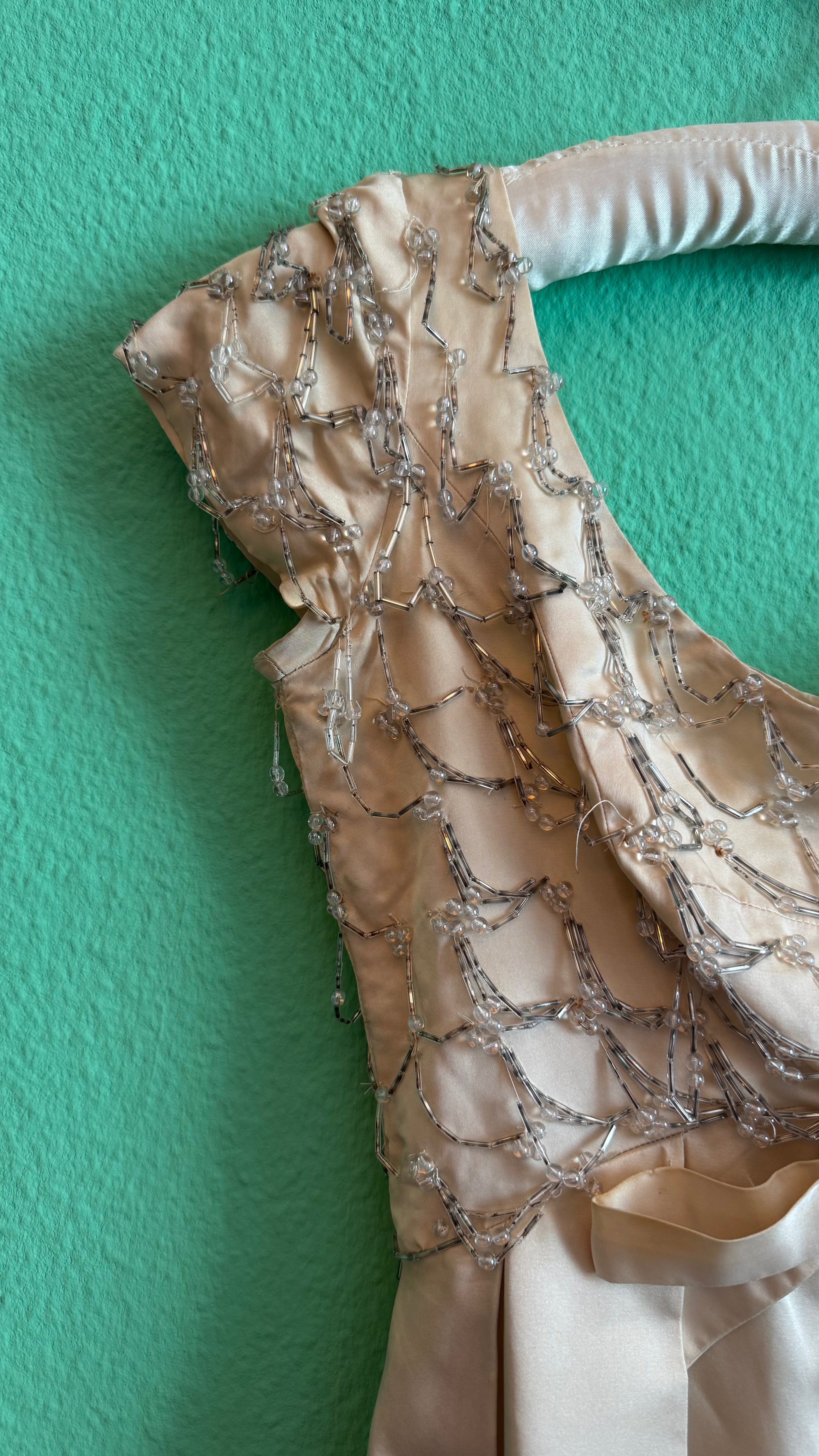 1950s Champagne Beaded Evening Dress With Bow Detail
