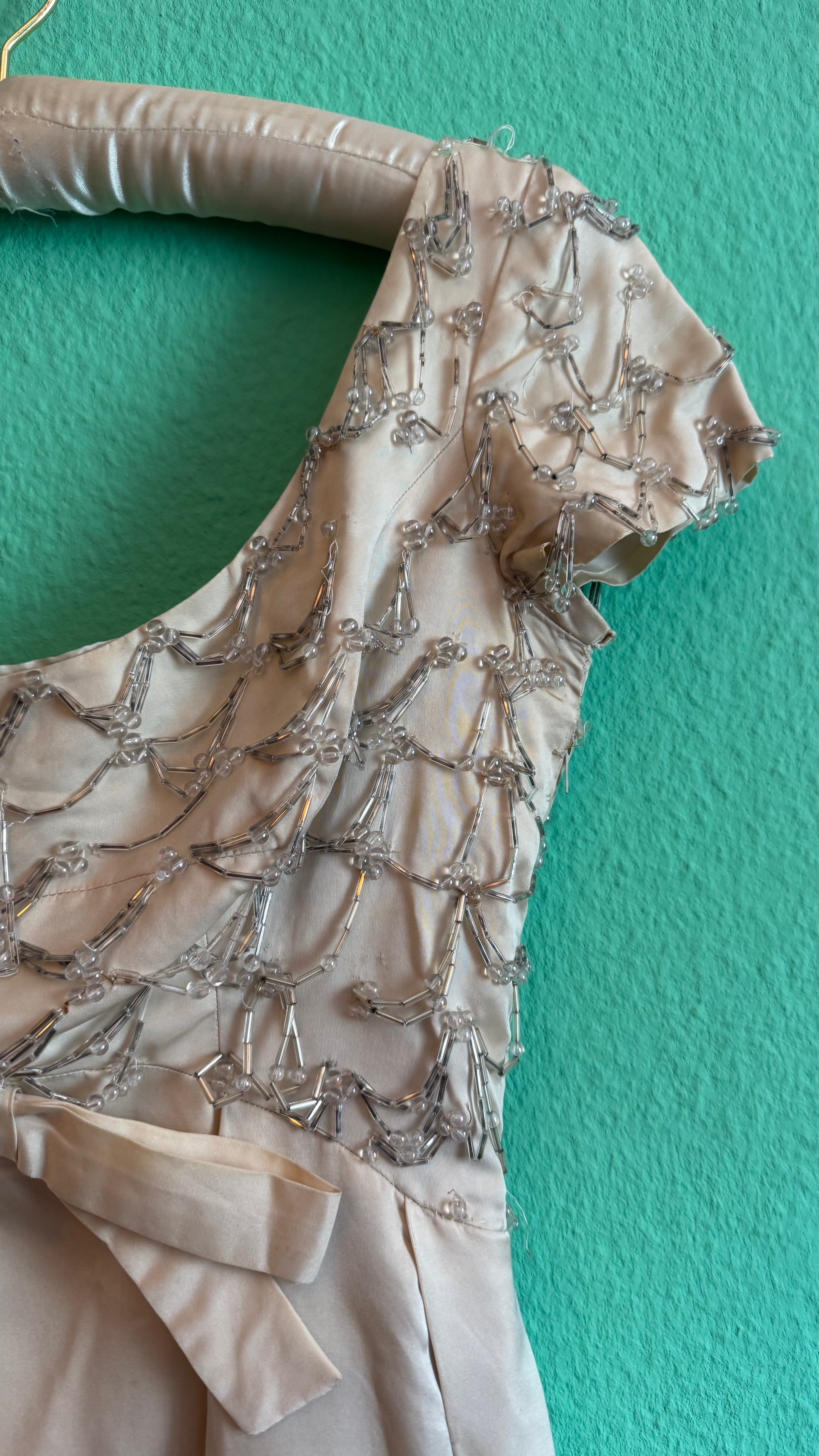 1950s Champagne Beaded Evening Dress With Bow Detail