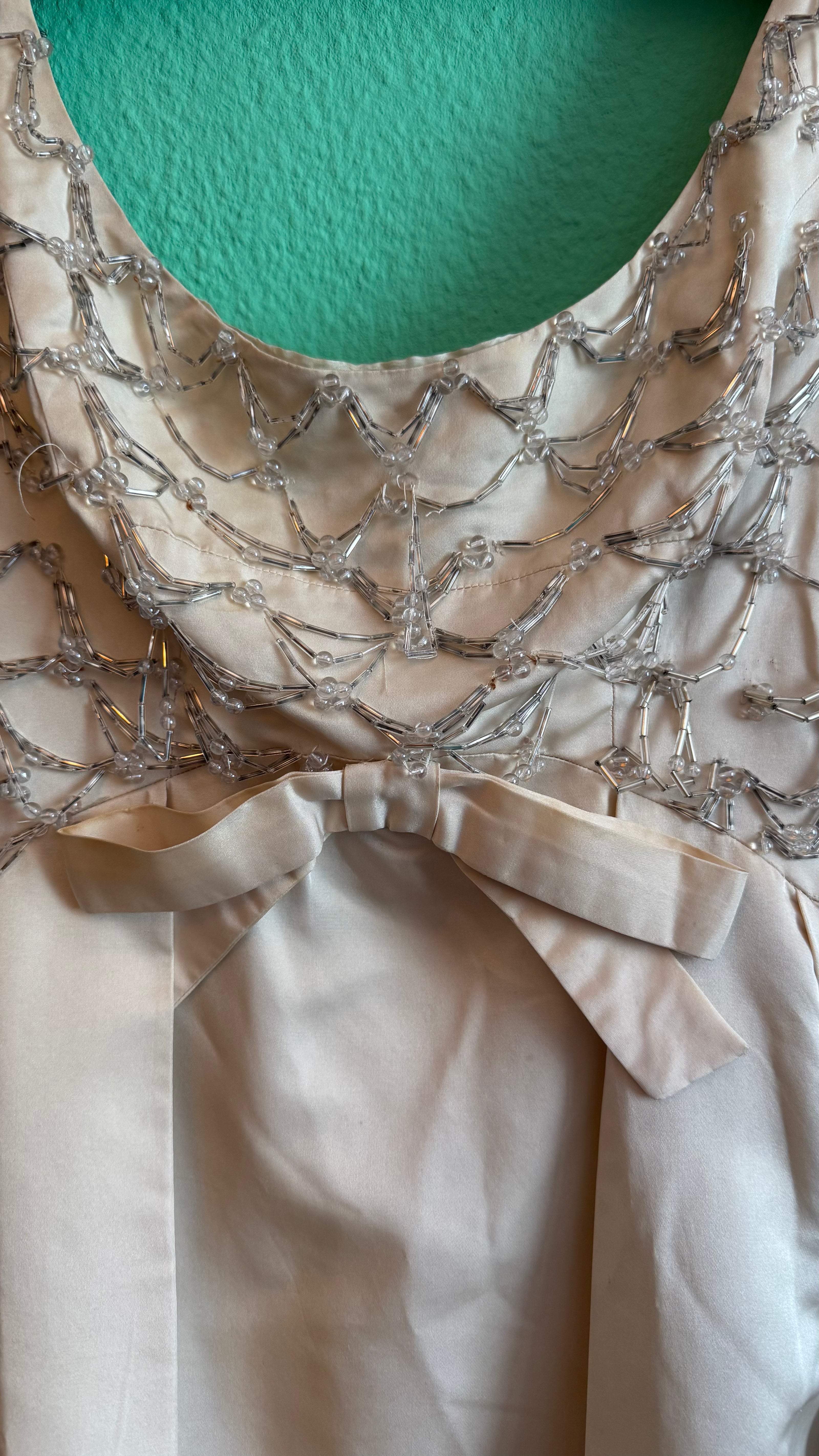 1950s Champagne Beaded Evening Dress With Bow Detail