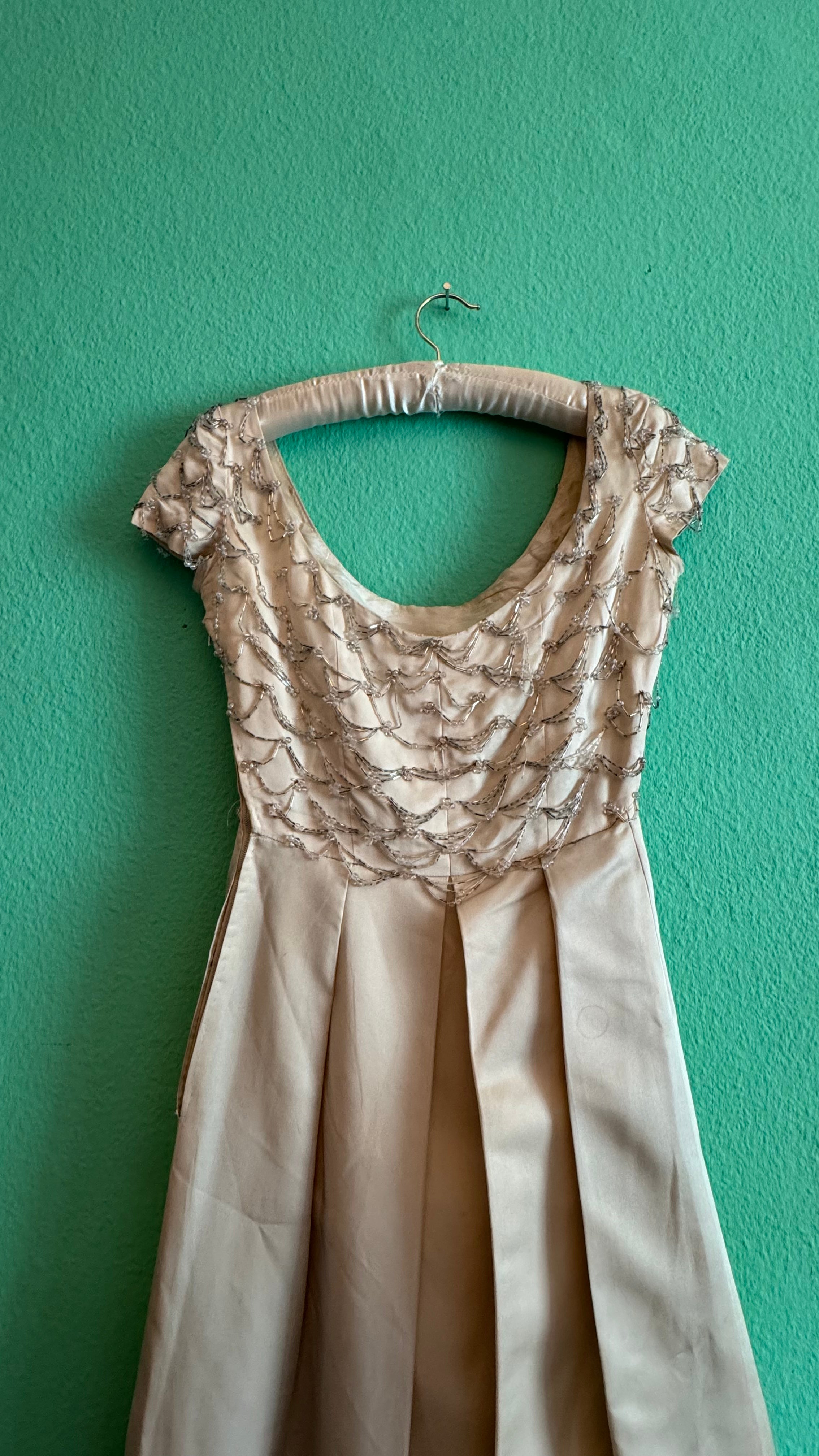 1950s Champagne Beaded Evening Dress With Bow Detail